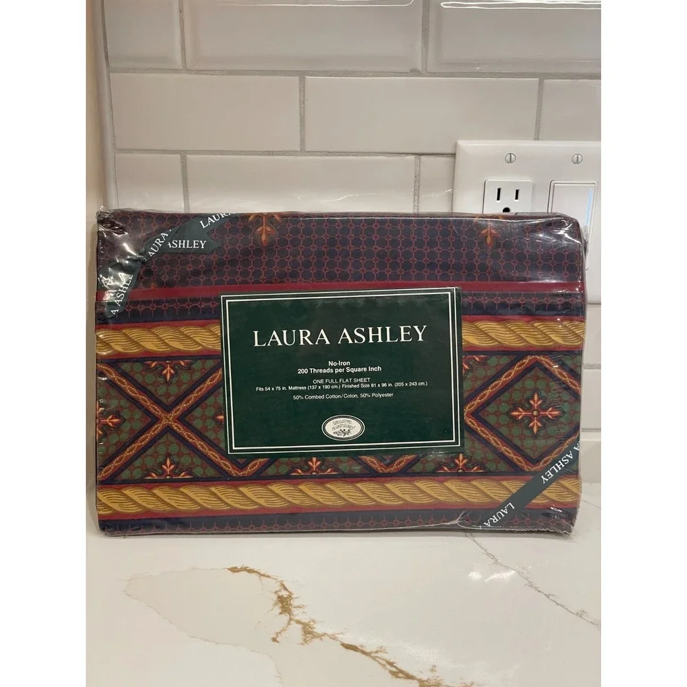Vintage Laura Ashley Hamilton Full/Double‎ Sheets Fitted Flat Navy Burgundy New
